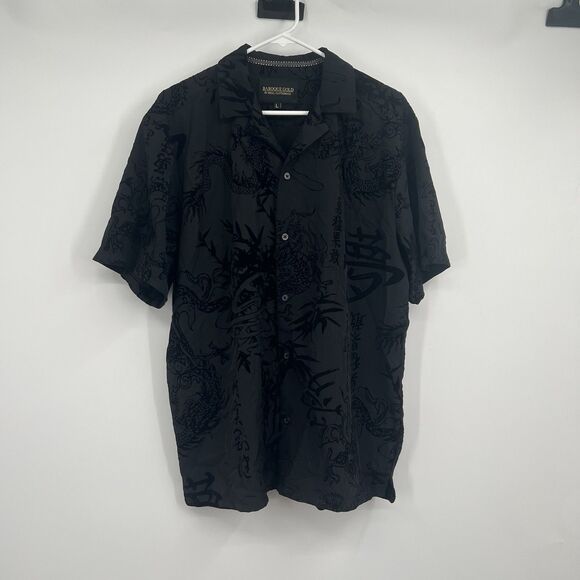 Mens Baroque Gold Drill Clothing Button Shirt L Black Jaquard Asian Dragon Print - Picture 1 of 10